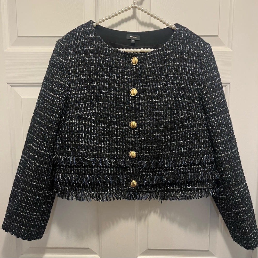 Express Tweed Fringe Novelty Button jacket/blazer with gold buttons size Large